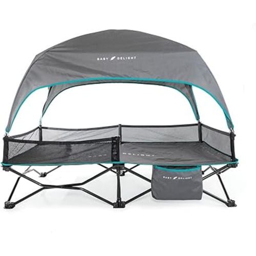 Baby Delight Go with Me Bungalow Deluxe Portable Cot, Toddler Travel Bed, Indoor and Outdoor, Sun Canopy, Grey & Teal