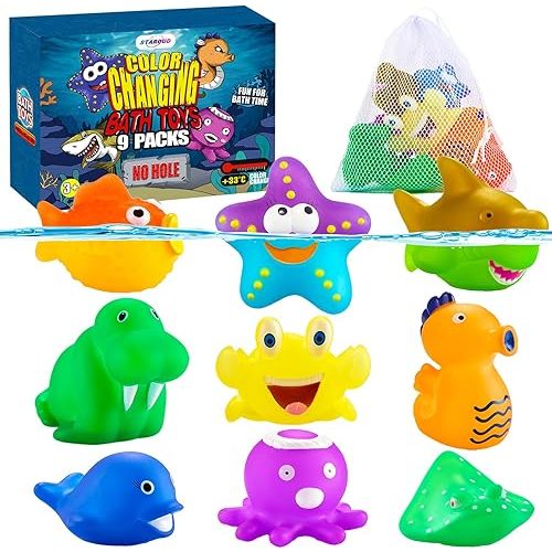 9 Packs Color Changing No Hole Bath Toys for Kids Toddlers Baby, Christmas Stocking Stuffers for Toddlers, Color Change Sea Creatures Ocean Animal Water Table Toys with Drying Bag