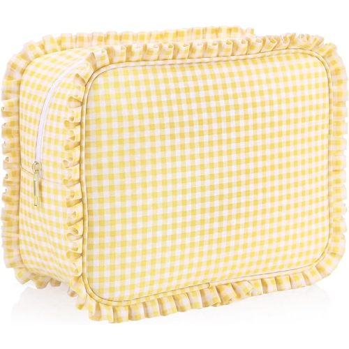Yellow Gingham Ruffle Makeup Bag 10 x 8 x 4.5 Inches Large Ruffle Pouch Travel Cute Checkered Cosmetic Toiletry Bag with Zipper for Women Girls, Toiletry Pouch Make up Organizer Gift