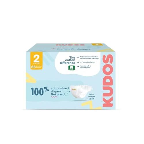 Kudos Size 2 Cotton-Lined Disposable Baby Diapers, 66 Count, Ultra Absorbent Baby Diapers, Soft Comfort, Gentle Materials, Secure Fit for Sensitive Skin