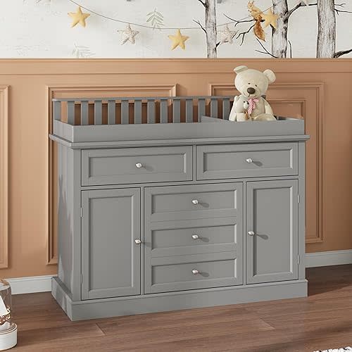 ROMSHINE Nursery Dresser with Changing Table Top, 46" W Baby Dresser with 2 Drawers, Laundry Basket & Raised Guard, Infant Diaper Changing Storage Organize Station for Nursery and Baby Bedroom, White