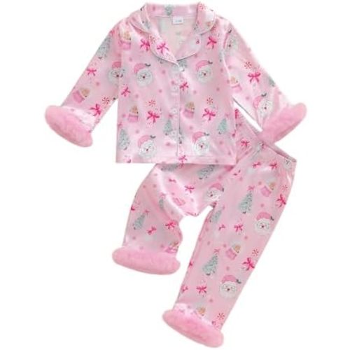 Kuriozud Kids Toddler Girl Satin Pajamas Fuzzy Trim Long Sleeve Button Down Shirt Top and Pants 2pcs Pjs Sets Sleepwear