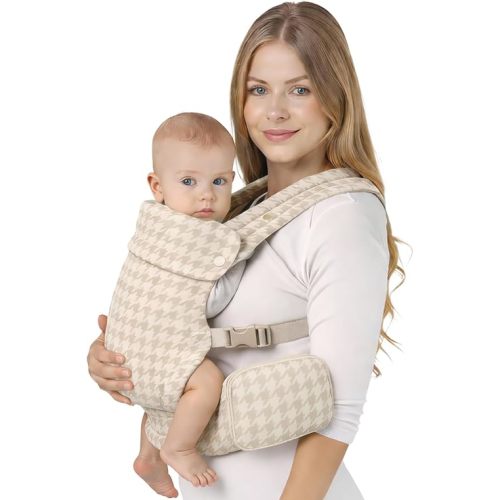 Baby Carrier – Ergonomic Newborn to Toddler, Front and Back Facing Baby Holder Carrier, Hip-Healthy Soft Cotton Breathable M-Shape Seat for 3.6-16 kg, Newborn Essentials (Beige Houndstooth)