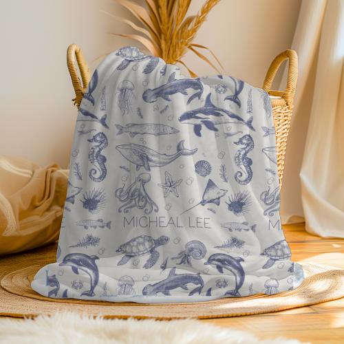 Custom Baby Boy Blanket Ocean Theme Personalized Name Sea Animals Velveteen Plush Blanket Baby Shower Gift Newborn Nursery Bedding
