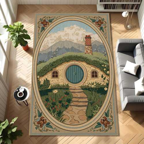 Hobbit House Cottagecore Rug, Storybook Round Door Landscape Carpet, Oval Vintage Floral Frame, Cozy Nursery Living Room Decor Gift Idea