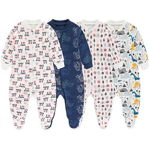 MAMIMAKA Newborn Baby One-Piece Footies Romper 2-Way Zip Cotton Bodysuit Long-Sleeve Jumsuit 4-Pack,0-12 Months