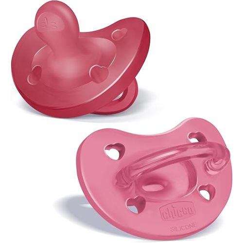 Chicco PhysioForma Silicone Orthodontic Pacifier, 16-24m | 100% Soft Silicone | Supports Breathing & Oral Development | Satin-Textured Nipple | Includes Sterilizing Case | BPA Free | Pink, 2pk