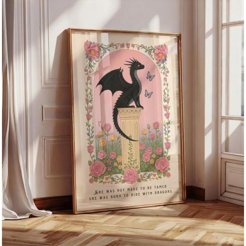 Fantasy Dragon Print, She Was Born to Ride with Dragons Quote, Bookish Wall Art, Fantasy Book Readers, Pink Floral Poster, Dragon Lover Gift