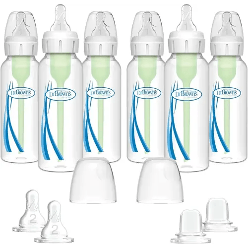Dr. Brown's Options Plus Baby Bottles, 8 Ounce, 6 Count Plus 2 Bonus Level 2 Nipples and Sippy Spouts