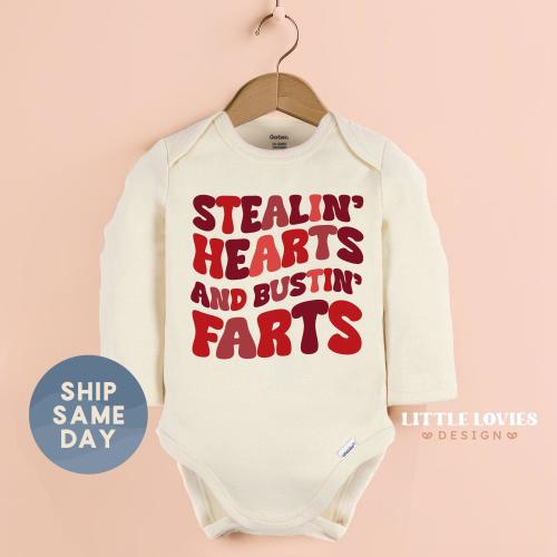 Stealin Hearts And Bustin Farts Onesie®, Funny Valentine Gift For Baby, Newborn Valentine Clothing, First Valentine Outfit, (CA-VAL83)