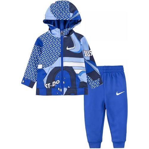 Nike Baby Boy All Day Play All Over Print Hooded Jacket & Jogger Pants 2 Piece Set (R(66J903-U89)/W, 12 Months)