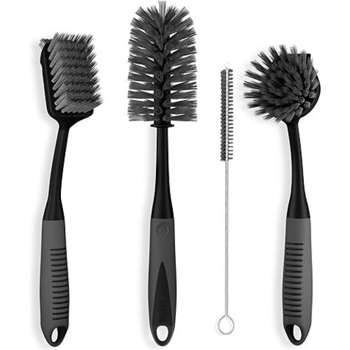 Dish Brush Set of 4 - Kitchen Scrub Brushes with Non-Slip Long Handle for Cleaning, Scrubber, Dishwashing, Dishes, Bottles, Straws, Cups, Pots & Sink, Black