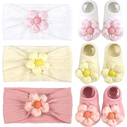 Baby Girls Headbands and Socks Newborn Flower Hairbands Non-Slip Grips Socks Nylon Hair Accessories Infants and Toddlers (Pink, 6-12 Months)