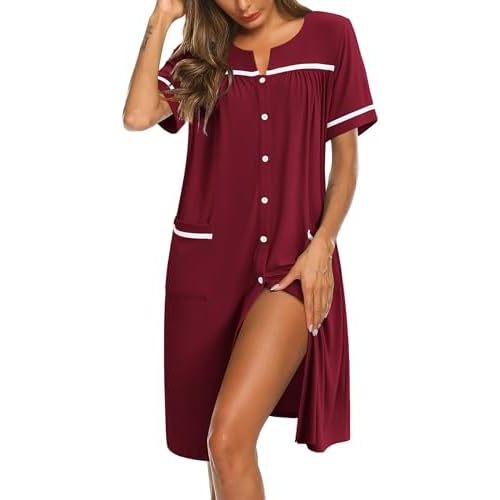 Ekouaer Nightgowns for Women House Dress with Pockets Button Down Sleepshirt Short Sleeve Nightshirt Housecoat