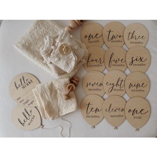 Milestone cards, Wooden baby photography prop,wooden balloons, hello world,birth announcement disc,wooden milestone disc,baby arrival sign