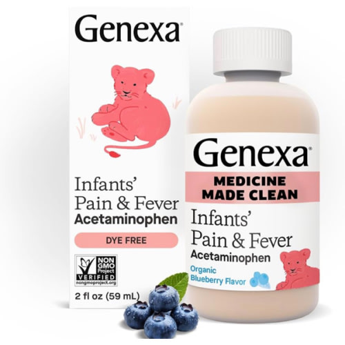 Genexa Infants' Clean Acetaminophen | Pediatrician Preferred Ingredients | Pain Reliever & Fever Reducer for Babies | Dye Free, 0% Artificial Additives | Delicious Organic Blueberry Flavor, 2 fl oz
