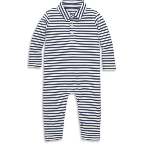Baby Long Sleeve Polo Romper In Stripe, Ivory Sunwashed Navy Stripe - Primary | Maisonette
