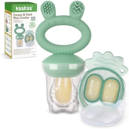 Haakaa Baby Fruit Food Feeder & Mini Freezer Nibble Tray Combo, Breastmilk Popsicle Molds for Cooling Relief, BPA Free Silicone Feeder for Safe Infant Self Feeding, 4 Month+ (Pea Green)
