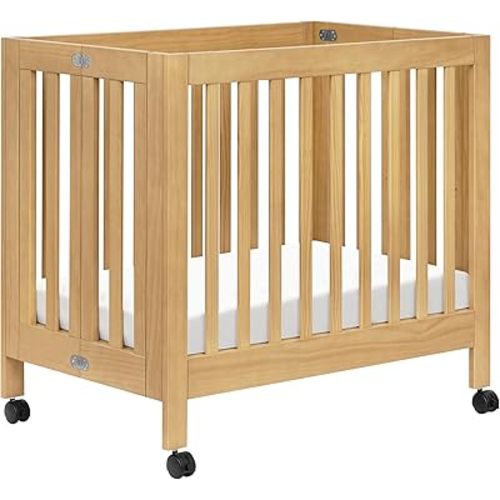 Babyletto Origami Mini Crib with Wheels - GREENGUARD Gold Certified - Portable Baby Crib for Small Spaces - Foldable & Converts to Twin Bed - Easy Setup - 2 Adjustable Mattress Positions - Honey