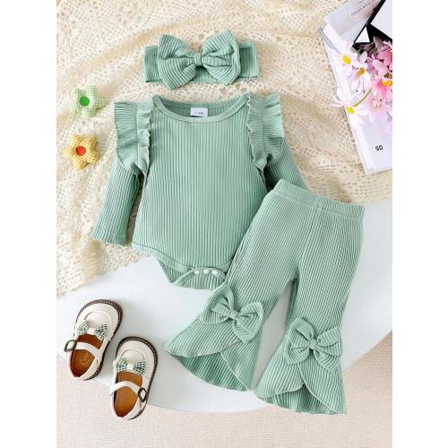 2pcs/Set Baby Girl Cute Solid Color Long Sleeve Bodysuit With Ruffle + Asymmetrical Bow Flared Pants Set, Autumn/Winter | SHEIN USA