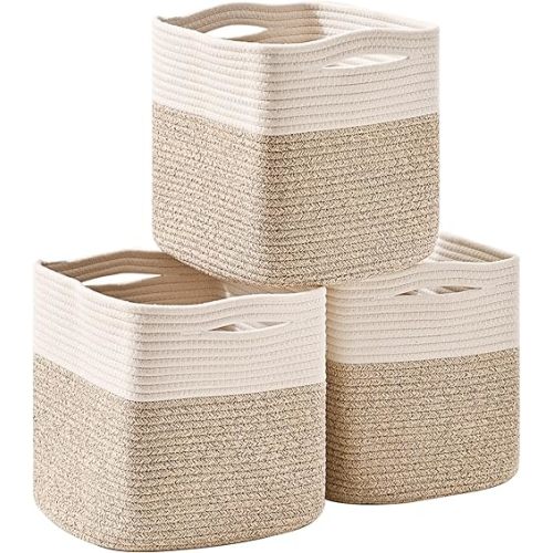 11 Inch Cube Storage Bins, Organizer Woven Cotton Rope Square Baskets for Organizing Shelves, Toys, Nursery, Off White & Brown (Pack of 3)