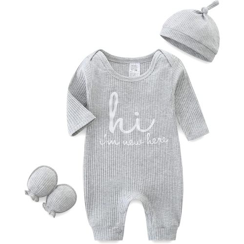 Unisex Baby Clothes Newborn Onesie Long Sleeve Ribbed Romper with Hat and Gloves Infant Letter Print Jumpsuit