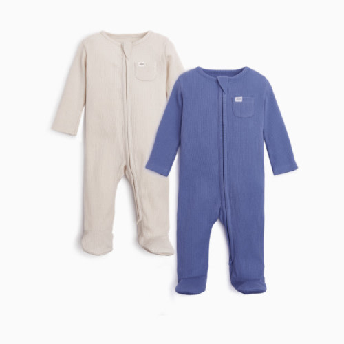 Organic Waffle Zipper Footie (2 Pack) - Oat/Ocean