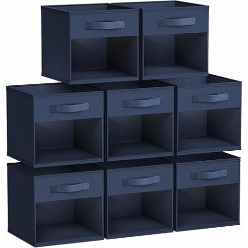 DIMJ Storage Cubes, Cube Storage Bin, 8 Pack Foldable Baskets with Window, Closet Storage Bins with Handle, 11x 11 inch Storage Cubes for Clothes, Toys, Books (Navy Blue)