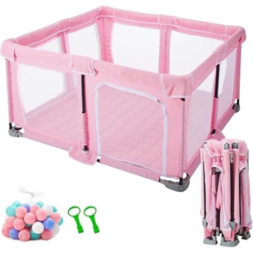 Foldable Baby Playpen,PlayPens for Babies and Toddlers，Indoor Outdoor Safety Play Area, Portable Child Activity Large Collapsible Play Yard，Folding Fence (Cationic Fabric-Pink, 50"x50")