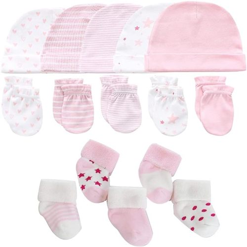 MAMIMAKA Newborn Baby Boy Girl Caps Mittens Socks Set Cotton Baby Essentials Accessories (Hats+Gloves+Socks)