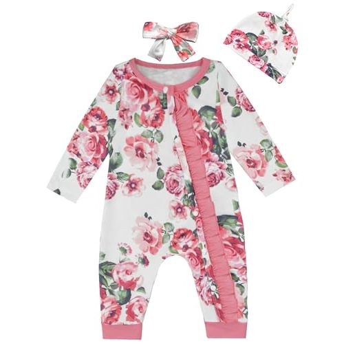 EuquixZeph Baby Girl Clothes Long Sleeve Onesie for Baby Girl Ruffle Infant girl Clothes Baby Girl outfits Headband & Hat