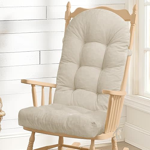 Rocking Chair Cushion - Chenille Fabric, High-Density Sponge, Durable Comfort Double-Sided Tufted Seat Pads with Ties, Chenille︱Cream, 44x19x4 inch