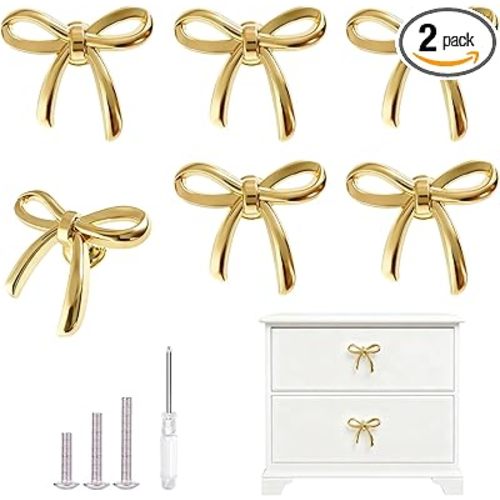 Gold Cabinet Knobs, Brushed Bow Drawer Pulls, Gold Knobs for Dresser Drawer Cupboard Furniture Closet Wardrobe Door Knobs Handles (Bow Shape- 6 Pack)
