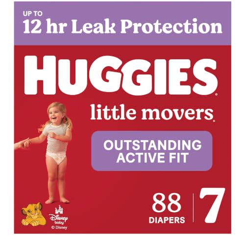 Huggies Little Movers Diapers Size 7, 88 Count (2 Packs of 44) | Double Grip Strips, Blowout Protection, Secure Flexible Fit, Up to 12-Hour Protection, Dry Touch Liner, Wetness Indicator