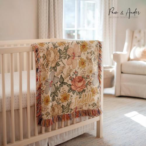 VINTAGE FLOWERS Blanket, personalized baby girl blanket, Flowers baby blanket, Baby Nursery Throw Blanket, Baby Shower Gift, NewBorn Gift