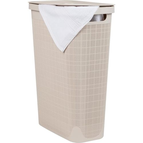 Mind Reader Slim Laundry Hamper with Lid, 40L Clothes Basket, Linen Design, Plastic, Ivory