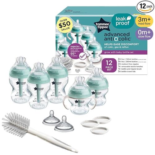 Tommee Tippee Advanced Anti-Colic 12 Piece Set, 5 oz and 9 oz BPA Free Bottles, Newborn 0+ Months, Includes Slow & Medium-Flow Breast-Like Nipples and Bottle Handles and Cleaning Brush