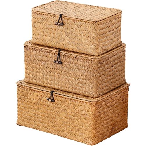 Nonam Wicker Storage Basket with Lid,Seagrass Shelf Basket Set of 3,Nautral