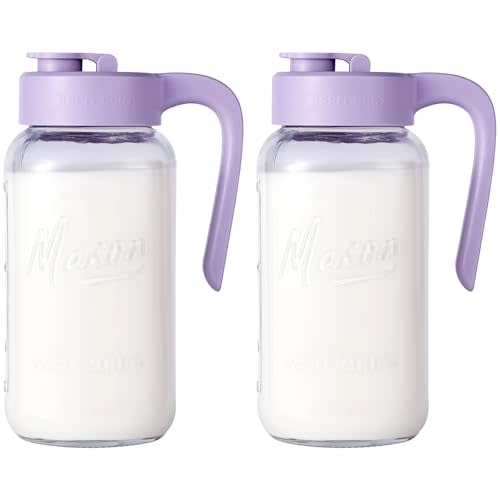 Mason Jar Pitcher - Airtight & Leakproof Glass Pitcher with Lid[set of 2], Perfect for Breastmilk, Cold Brew, and Sun Tea, 2 Quart (64 oz) Mason Jar with Pour Spout Lid