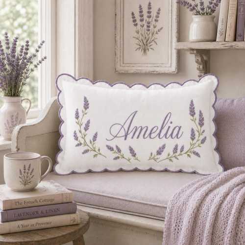 Personalized Name Embroidered Pillow, Custom Lavender Scalloped Cushion, Nursery Decor