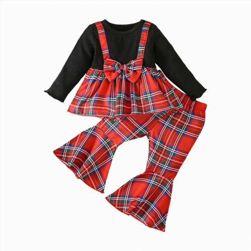 Xyant Toddler Baby Girls Outfits Fall Winter Clothes Ribbed Long Sleeve Ruffle Hem Plaid Tops + Flared Pants Sets 2Pcs Infant Baby Girl Clothes (Red,3-9 Months)