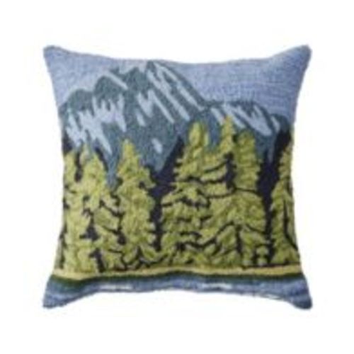 Indoor/Outdoor Hooked Pillow, Lakeside Mountain Scene