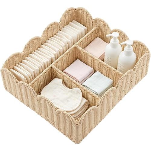 Diaper Caddy Organizer, Scalloped Changing Table Organizer with 4 Dividers