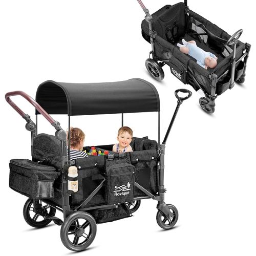 Rovique Stroller Wagon for 2 Kids,Premium Wagon for Kids with Removable Canopy,Snack Tray,All-Terrain PU Wheels & Adjustable Push/Pull Handle (Black)