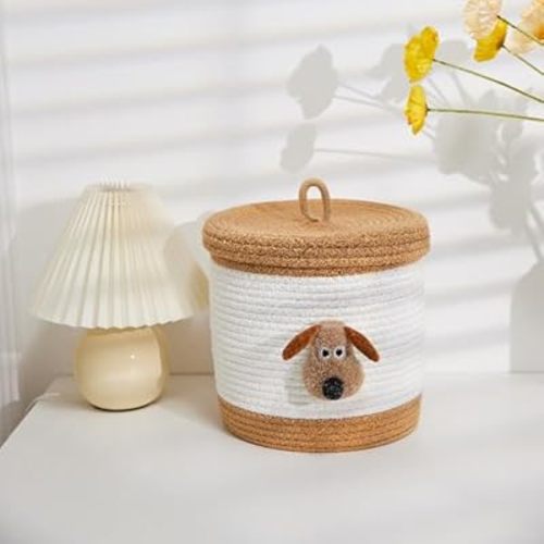 Bellar Small Dog Toy Basket with Lid, Small Woven Storage Basket for Dog Toys & Baby Laundry, Cute Animal Decorative Organizer for Living Room, 10”x10” Brown & White”