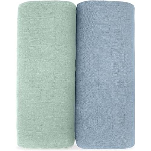 Comfy Cubs Muslin Swaddle Blankets Pack of 2, 47 x 47 Inch Soft Cotton Baby Blanket Set, Large Multipurpose Wraps for Newborns - Self-Soothing Swaddles for Newborns - Pacific Blue & Fern