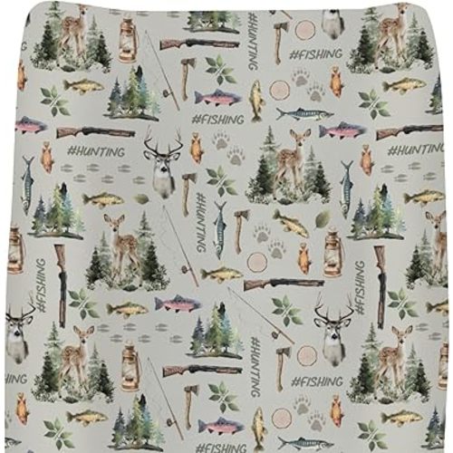 Fishing Hunting Baby Changing Pad Covers for Girls Boys Bass Fish Deer Paws Green Trees Fitted Change Table Pad Covers Mats Nature Hunting Animals Soft Diaper Change Table Sheets 32''×16''