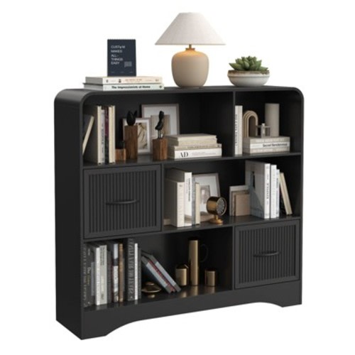 6-Open Shelf Bookcase with 2 Storage Bins,Bookshelf for Toy Storage Black Horizontal bookshelf