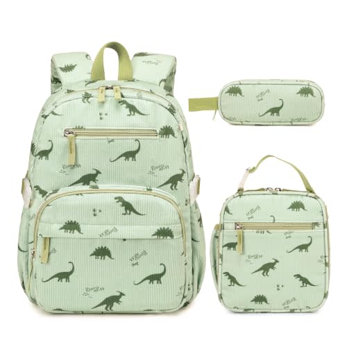 Corduroy Toddler Backpack for Kids 4-6 with Lunch Box Pencil Case | Small Kids backpack for Boys Girls 15inch Kids Bookbag for School Preschool Kindergarten Daycare Travel (Green Dinosaur)