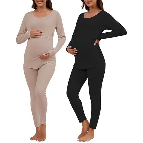 Patelai 2 Pack Thermal Nursing Underwear for Women Maternity Pajama Set Breastfeeding Sleepwear Fleece Lined Pregnancy Set
